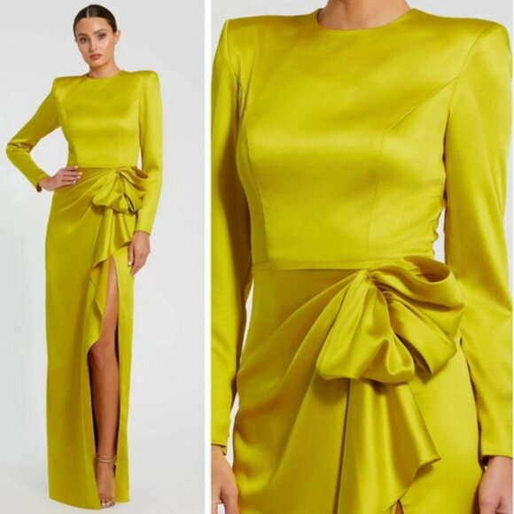 Mac Duggal Chartreuse Satin Bow Long Sleeve Column Gown Dress